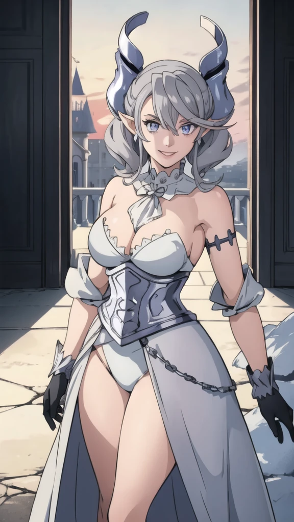 Beautiful arts wallpaper Sunset Outside castle top High level image quality best image quality 8K adult woman silver castle outside more colors whole body view portrait bikini blue horn ears short hair((shortcut)(gray hair)(perm)(fluffy)) eye color is blue , , attractive evil face , smile , heroic stance , labrynth , barearm ,gloves , wearing pink , standing ,