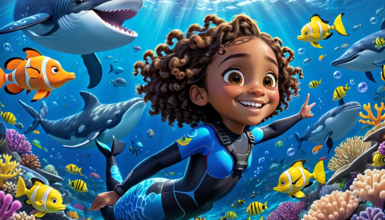 A vibrant underwater scene in 3-D Pixar style featuring Arya, a cute  Black girl with curly hair, wearing a colorful diving suit and goggles. She's surrounded by various ocean creatures including a massive whale, which is about the size of three school buses. The background shows a deep blue ocean with coral reefs, schools of fish, and bubbles. Arya is pointing towards the whale with a big smile, ready to introduce the wonders of the ocean to her little explorers. The scene is cheerful and full of life, capturing the excitement of discovering the ocean's secrets.