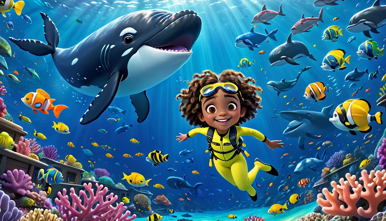 A vibrant underwater scene in 3-D Pixar style featuring Arya, a cute little Black girl with curly hair, wearing a colorful diving suit and goggles. She's surrounded by various ocean creatures including a massive whale, which is about the size of three school buses. The background shows a deep blue ocean with coral reefs, schools of fish, and bubbles. Arya is pointing towards the whale with a big smile, ready to introduce the wonders of the ocean to her little explorers. The scene is cheerful and full of life, capturing the excitement of discovering the ocean's secrets.