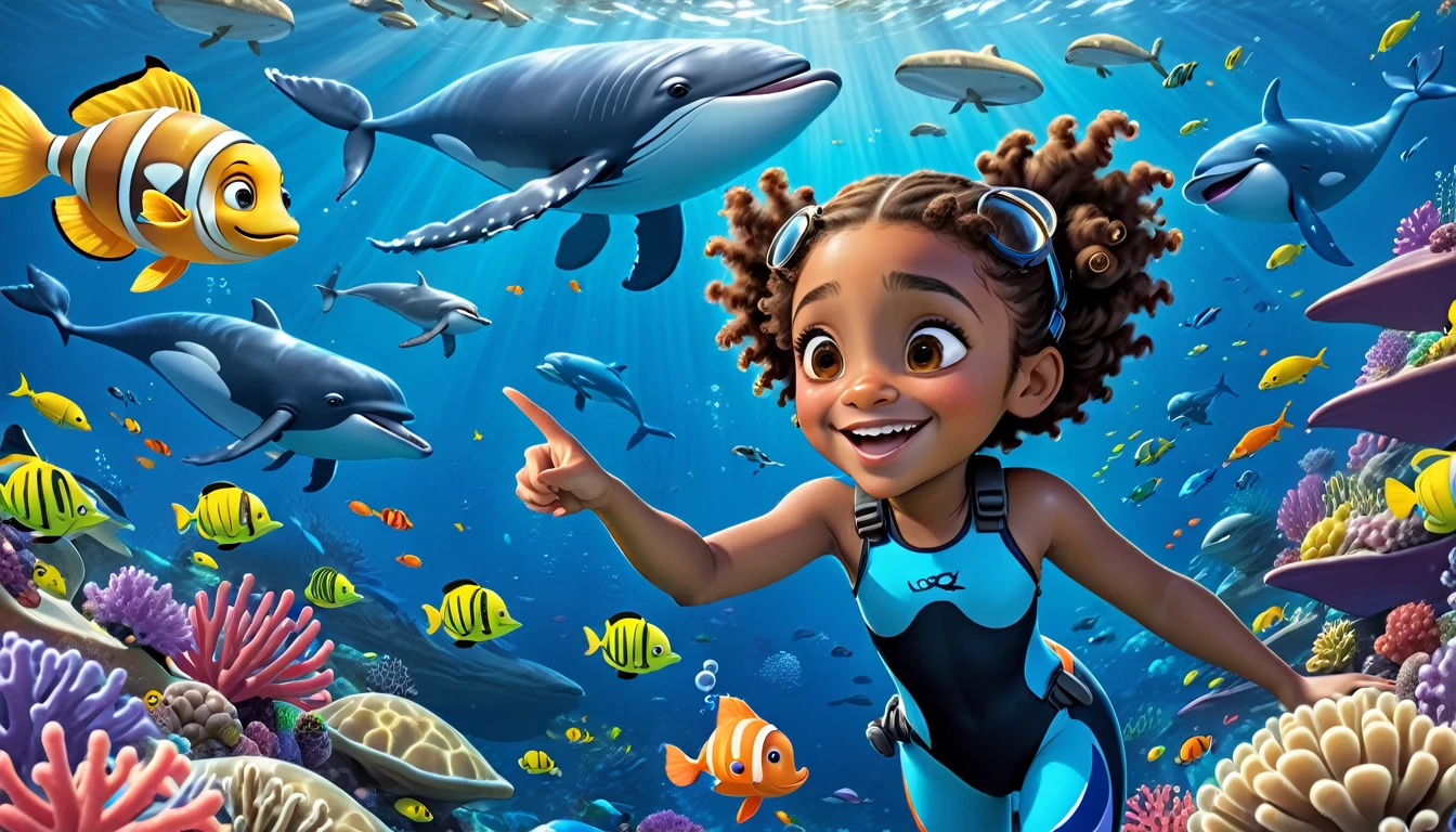 A vibrant underwater scene in 3-D Pixar style featuring Arya, a cute  Black girl with curly hair, wearing a colorful diving suit and goggles. She's surrounded by various ocean creatures including a massive whale, which is about the size of three school buses. The background shows a deep blue ocean with coral reefs, schools of fish, and bubbles. Arya is pointing towards the whale with a big smile, ready to introduce the wonders of the ocean to her little explorers. The scene is cheerful and full of life, capturing the excitement of discovering the ocean's secrets.