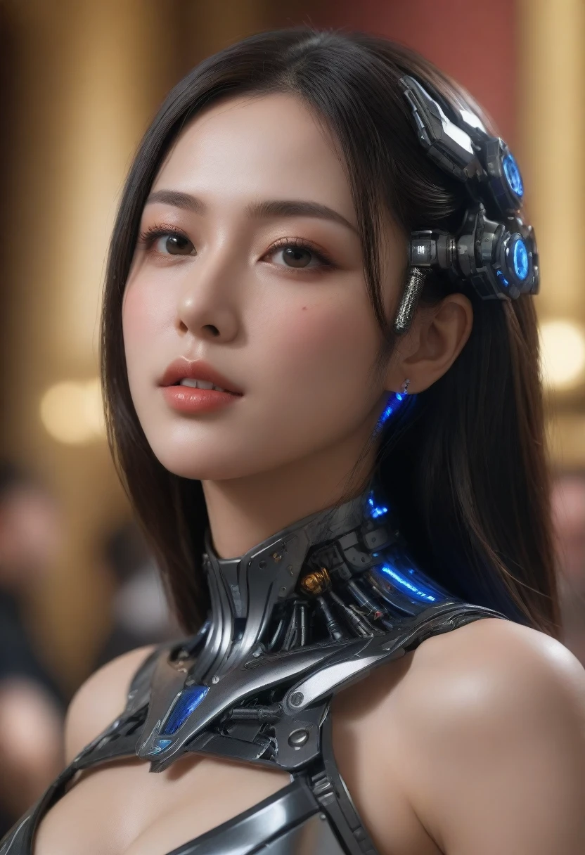 Top Quality, Masterpiece, Ultra High Resolution, (Photorealistic: 1.4), Raw Photo, 1 cyberpunk Girl, Glossy Skin, 1 Mechanical Girl, (Ultra Realistic Detail)), (((Full body shot))), Global Illumination, Contrast, thick voluptuous curved lips, Shadows, Octane Rendering, 8K, Ultra Sharp, Raw Skin, Metal, Intricate Ornament Details, Cyberpunk Details, Very intricate details, realistic light, CGSoation trend, facing the camera, neon details,mechanical cleavage.  mechanical limbs, blood vessels connected to the tube, mechanical vertebrae attached to the back, mechanical cervical attachment to the neck, wires and cables connecting to the head, gundam, small LED lamps.