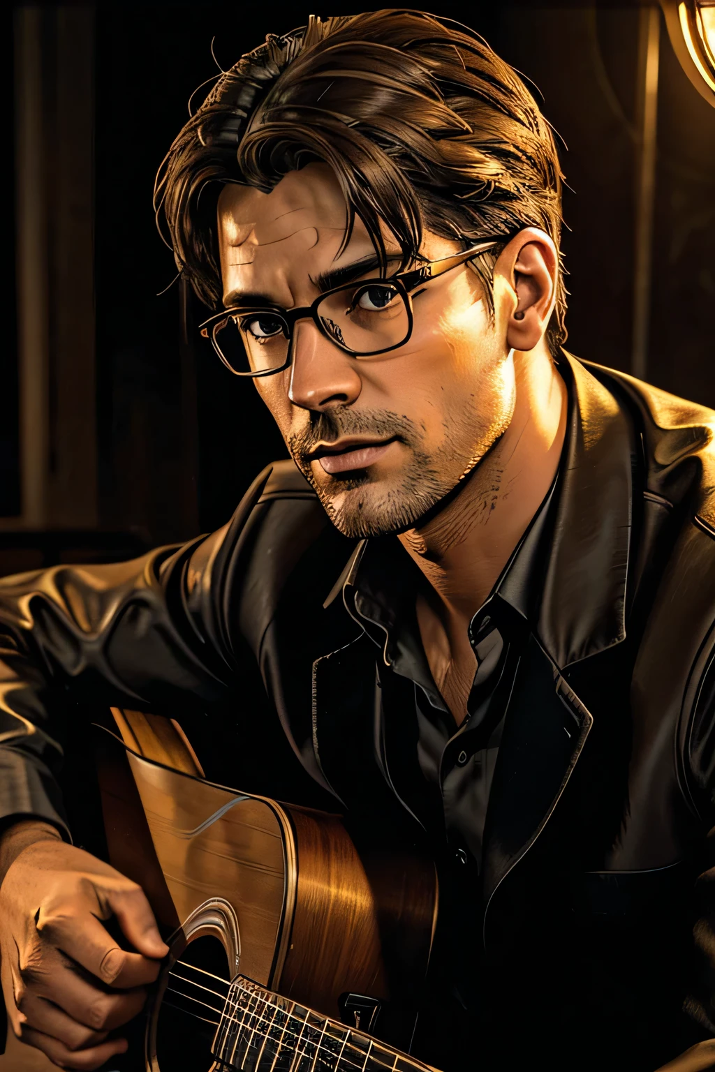 distant view, an elegant and handsome man with gray glasses serenading with an acoustic guitar, sitting and singing,beautiful detailed eyes,beautiful detailed lips,extremely detailed eyes and face,longeyelashes,realistic,photorealistic,photo-realistic:1.37,best quality,4k,8k,highres,masterpiece:1.2,ultra-detailed,portrait,dramatic lighting,warm color tones,glowing lights,cinematic