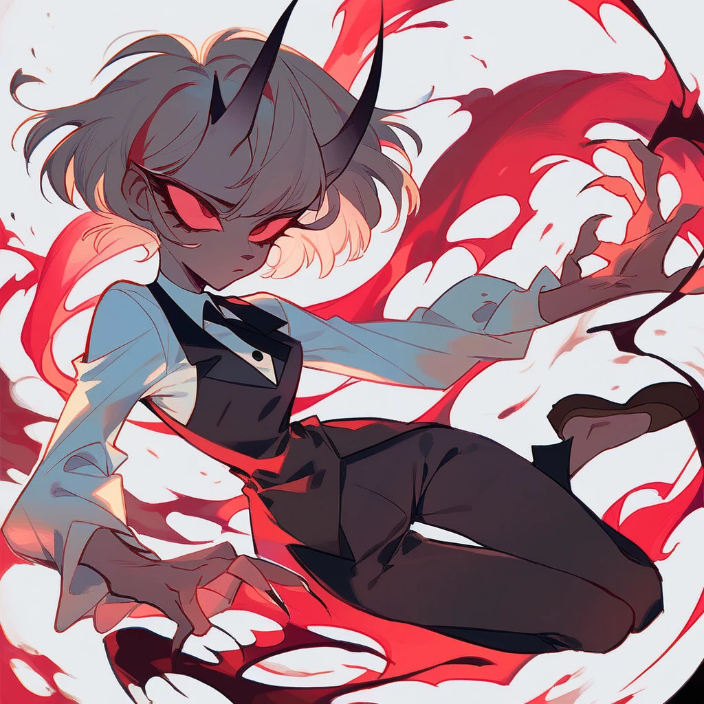 Solo Female, Solo furry , Dark red short hair, RED HAIR,wavy ends, Greyish-light brown skin color, red eyes with black skeral, Black horns, White shirt, black Tie , black trousers, burgundy long jacket,black collar, brown shoes,black vest