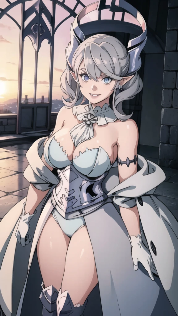 Beautiful arts wallpaper Sunset Outside castle top  High level image quality　best image quality　8K　 adult woman   silver castle outside  more colors   whole body view　portrait　 bikini blue   　horn    ears  　short hair（（shortcut）（gray hair）（perm）（fluffy））　eye color is blue ,  , 　attractive evil face , smile   ,  heroic stance   ,  labrynth ,  barearm  ,gloves   , wearing pink   , standing , 