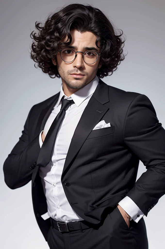 Traduzir textos com a câmera
a character with completely curly hair and a black suit animated with round glasses with a pose with his hands in his pocket and on an all-white background