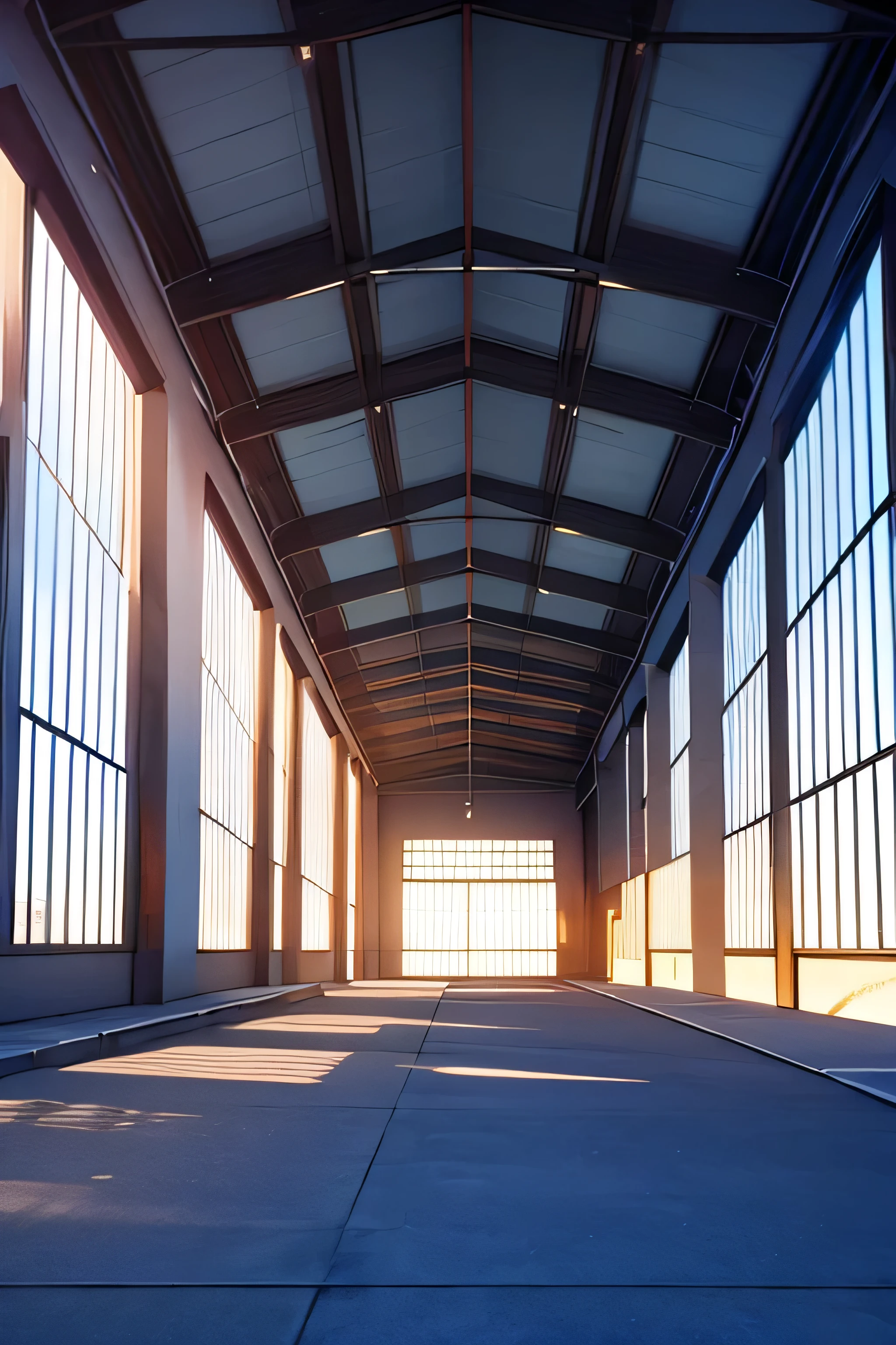 Large, paved warehouse, light coming in through the windows, In perspective from the ground.. Animation style, 3D anime scenery.