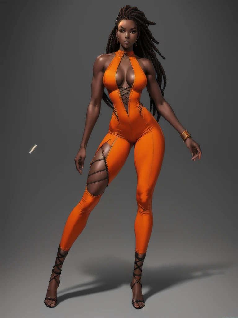 ((best quality)), ((4k)), ((highres)), ((masterpiece:1.2)). ((detailed)), ((ultra realistic)), ((intricate details)), ((full body picture)), ((character design sheet)), ((solo character)), a full body picture of a bgirl, eautifull Ebony skinned female, black woman, dark skin, ebony princess, ebony model, perfect face, detailed eyes, detailed lips, posing with her arms above her head, ((arms above her head)), about 25 years old, about 5'7 ft. tall, long thin dreadlocks down to her hips, ((emphasis on her long thin dreadlocks down to her hips)), pretty, feminine woman, toned body but not too muscular looking, hourglass figure, dressed in a skin-tight sleeveless full body orange jumpsuit, ((emphasis on the skin-tight sleeveless full body orange jumpsuit)), showing cleavage, glamorous, strappy lace up high, fighting game character concept art, tekken character design, the king of fighters character concept, full bofy, full body concept art, full body art
