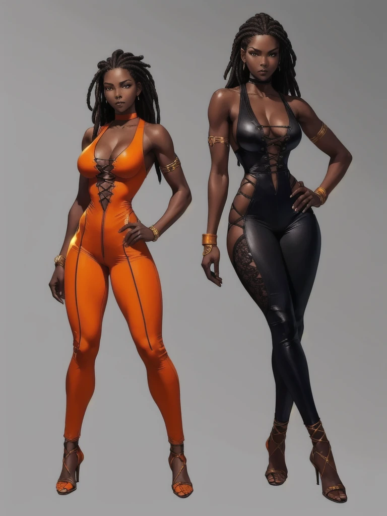 ((best quality)), ((4k)), ((highres)), ((masterpiece:1.2)). ((detailed)), ((ultra realistic)), ((intricate details)), ((full body picture)), ((solo character)), a full body picture of a beautifull Ebony skinned female, black woman, dark skin, ebony princess, ebony model, perfect face, detailed eyes, detailed lips, about 25 years old, about 5'7 ft. tall, long thin dreadlocks down to her hips, ((emphasis on her long thin dreadlocks down to her hips)), pretty, feminine woman, toned body but not too muscular looking, hourglass figure, dressed in a skin-tight sleeveless full body orange jumpsuit, ((emphasis on the skin-tight sleeveless full body orange jumpsuit)), gold adornments, showing cleavage, glamorous, strappy lace up high, fighting game character concept art, tekken character design, the king of fighters character concept, full bofy, full body concept art, full body art