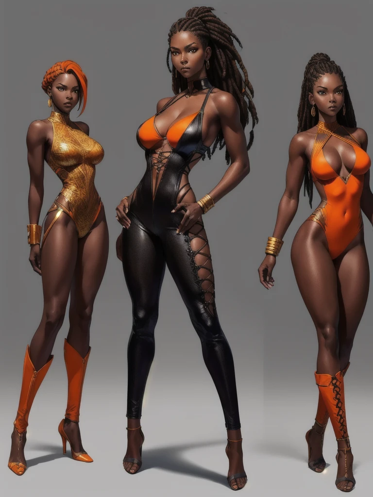 ((best quality)), ((4k)), ((highres)), ((masterpiece:1.2)). ((detailed)), ((ultra realistic)), ((intricate details)), ((full body picture)), ((solo character)), a full body picture of a beautifull Ebony skinned female, black woman, dark skin, ebony princess, ebony model, perfect face, detailed eyes, detailed lips, about 25 years old, about 5'7 ft. tall, long thin dreadlocks down to her hips, ((emphasis on her long thin dreadlocks down to her hips)), pretty, feminine woman, toned body but not too muscular looking, hourglass figure, dressed in a skin-tight sleeveless full body orange jumpsuit, ((emphasis on the skin-tight sleeveless full body orange jumpsuit)), gold adornments, showing cleavage, glamorous, strappy lace up high, fighting game character concept art, tekken character design, the king of fighters character concept, full bofy, full body concept art, full body art
