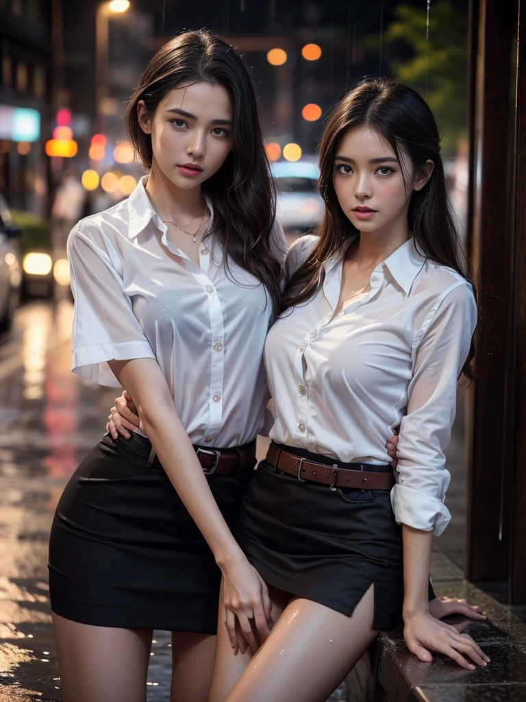 (RAW shooting, Photoreal:1.5, 8K, highest quality, masterpiece, ultra high resolution), perfect dynamic composition:1.2, Night street corner of a modern city, expression of sadness:0.5, heavy rain, Highly detailed skin and facial textures:1.2, Slim lady wet in thai university uniform in the rain:1.3, Fair skin:1.2, perfect style:1.2, beautiful and aesthetic:1.1, very beautiful face:1.2, water droplets on the skin, (rain drips all over my body:1.2, wet body:1.2, wet hair:1.3, Wet tight skirt:1.2, wet shirt:1.3), brown suede belt, black bra under white shirt, (cry, lovelorn, The expression on your face when you feel intense caress, Facial expression when feeling pleasure), (beautiful blue eyes, Eyes that feel beautiful eros:0.8), (Too erotic:0.9, Bewitching:0.9), cowboy shot, upper body, close up, rain