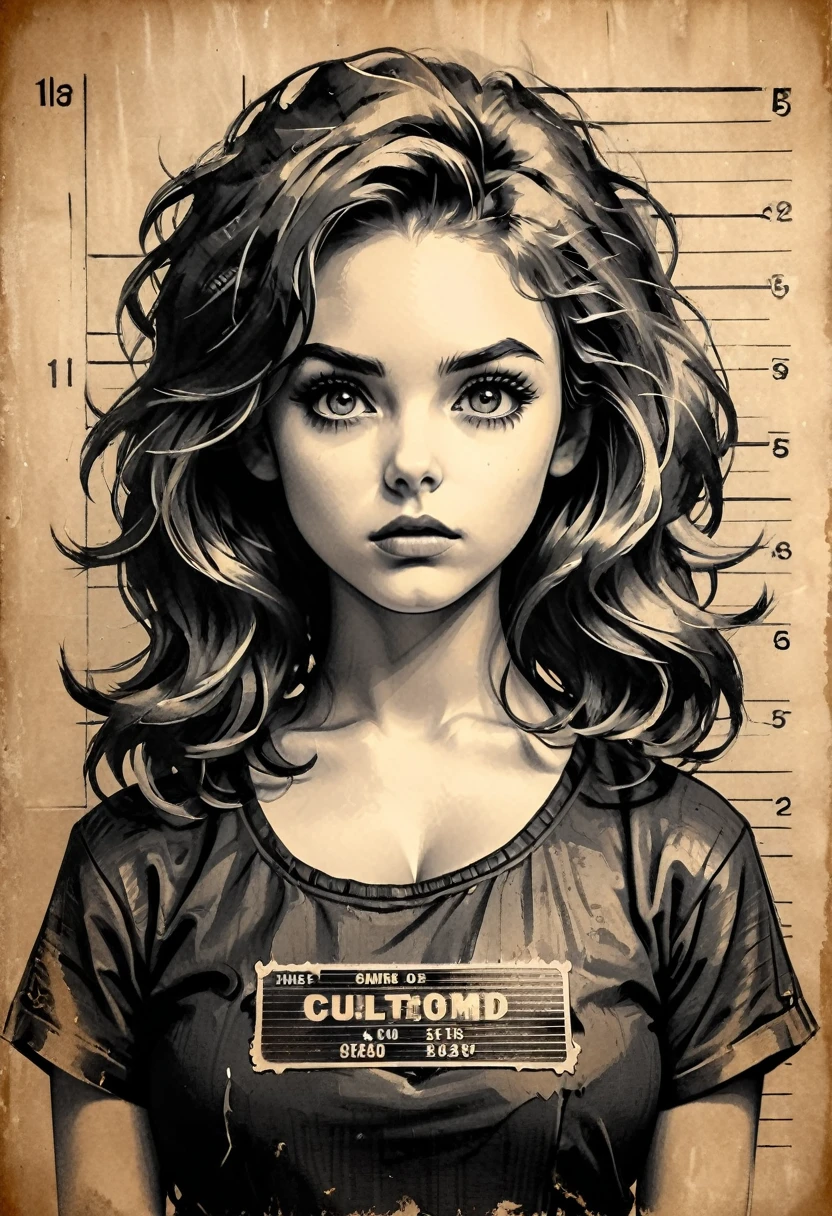 A girl in a mugshot, sketch, black and white, detailed features, cute, vintage style, high contrast lighting, expressive eyes, tousled hair. (best quality, highres, realistic:1.37), vintage, monochrome, intense gaze, dramatic lighting, rugged background, distressed paper texture, retro vibes, id photo, front view