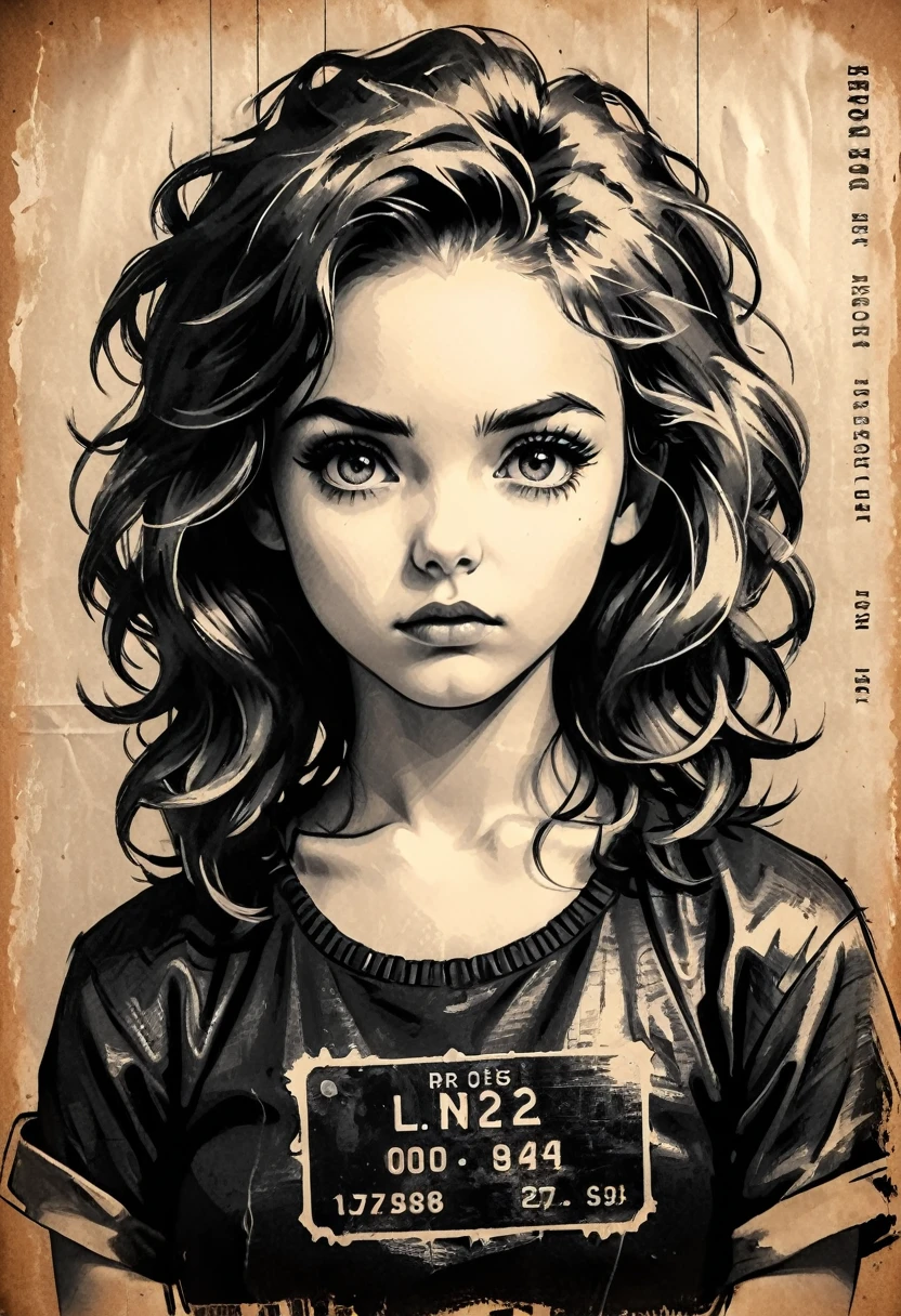 A girl in a mugshot, sketch, black and white, detailed features, cute, vintage style, high contrast lighting, expressive eyes, tousled hair. (best quality, highres, realistic:1.37), vintage, monochrome, intense gaze, dramatic lighting, rugged background, distressed paper texture, retro vibes, id photo, front view