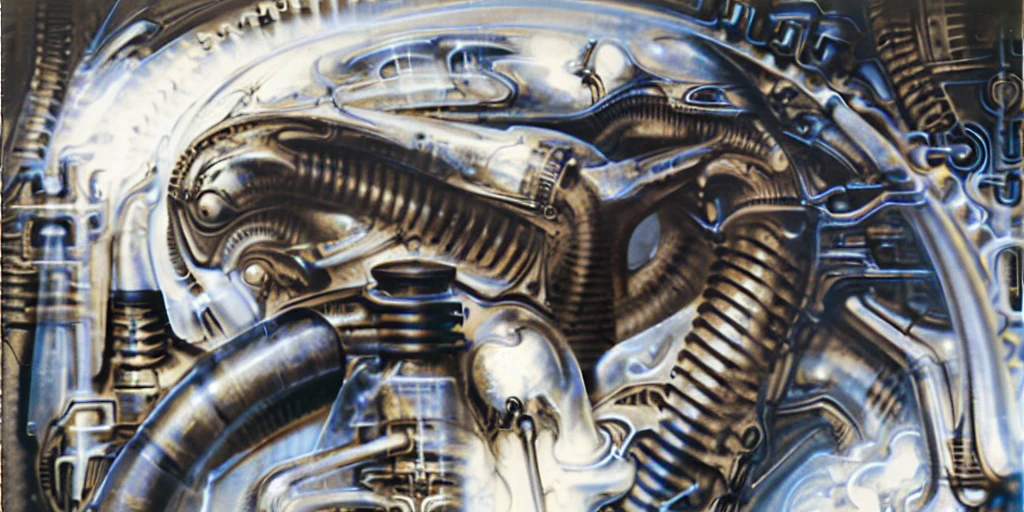 g1g3r, The image is a detailed view of H.R. Giger's \" Biomechanical Landscape No II \" plate, featuring a complex network of bones and organs in a purple-brown hue ,swirling gray and brown colors. The artwork is silver and purplish brown, with an ivory bones prominently displayed. The image is highly detailed and intricate, almost like a 3d version of a medical diagram (detailed view of an anatomy model, possibly of a human body, with transparent organs and bones exposed). The piece has a thick mechano-organic texture and is covered in fine details. The image has a swirling, organic quality to it. The artistic manner would be unmistakably Gigeresque. A dark and unsettling beauty would permeate the piece, blurring the lines between fascination and repulsion , forever haunted by the grotesque allure. Giger's signature artistic manner would be evident in every stroke. The airbrush would be wielded with masterful precision to create a hyperrealistic yet nightmarish aesthetic.
 The texture of ivory with signs of burning and fossilization can be seen in the mix of smooth and rough brushstrokes. By Peter mohrbacher, ooze soaked pajama top
