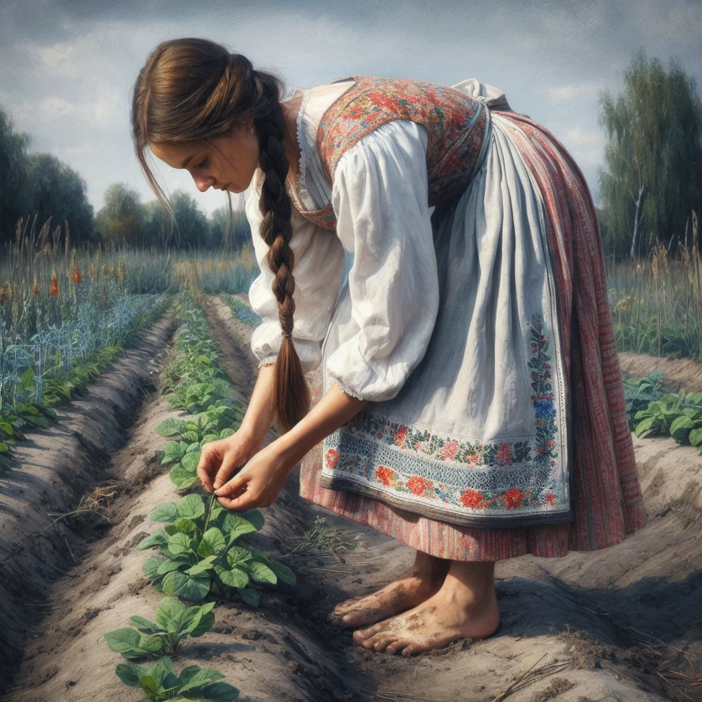 A Russian Girl Is A Serf Peasant, A Poor Girl , Barefoot , In A Torn Peasant Shirt , A Patched Sundress Dirty , Sweaty Hair In One Braid, Tanned , With Weathered Skin, Sweat Flows , Summer, Hot,Works In A Corvee , Hyperrealism A Lot Of Details, Clarity And Realism, Without Extra Limbs And Fingers