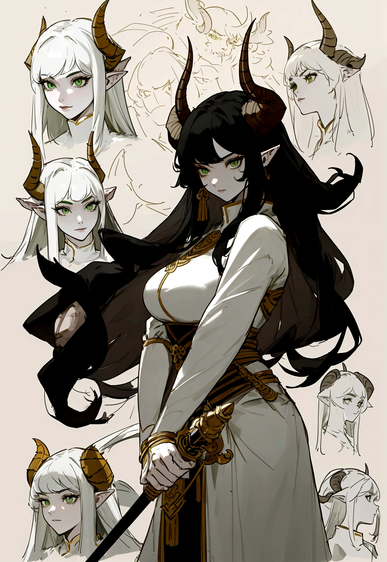 model sheet character Female warrior character, with long black hair, green eyes, pale skin, with huge, curved horns like those of a ram, coming out of the temples and curling backwards, wielding a dagger with mastery
