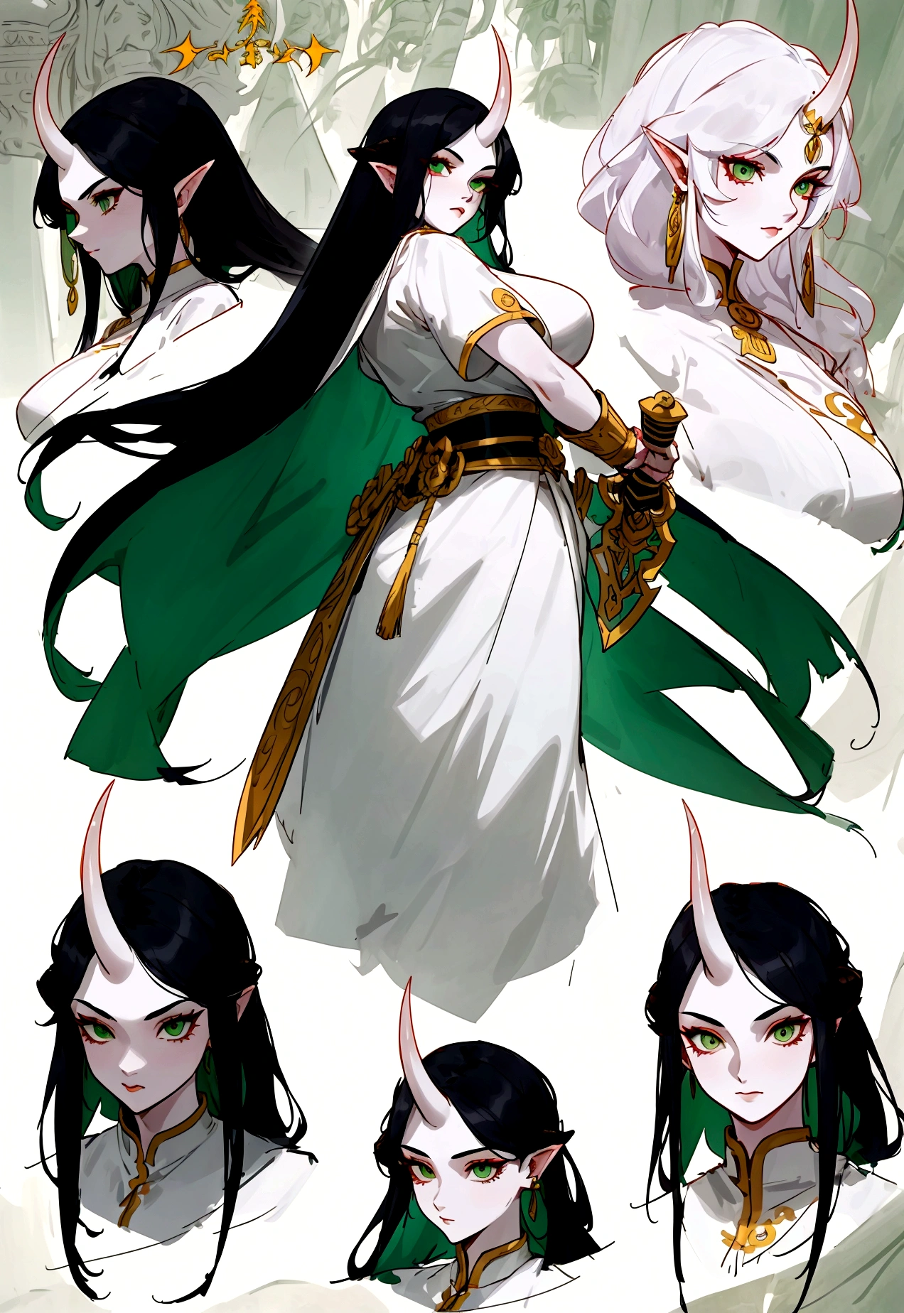model sheet character Female warrior character, with long black hair, green eyes, pale skin, with huge, curved horns like those of a ram, coming out of the temples and curling backwards, wielding a dagger with mastery