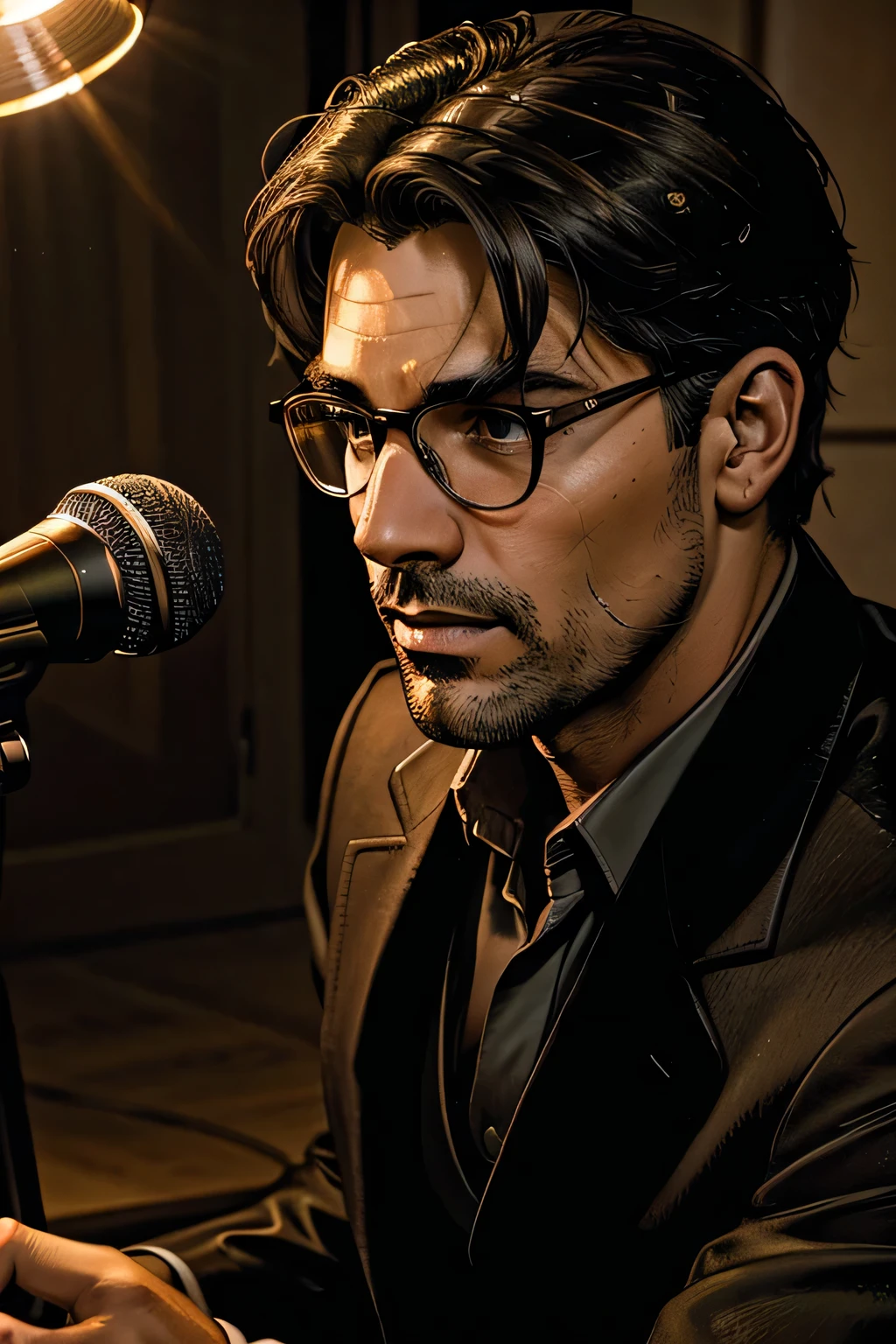 distant view, an elegant and handsome man with gray glasses serenading with an acoustic guitar, brown eyes, black hair, sitting and singing,beautiful detailed eyes,beautiful detailed lips,extremely detailed eyes and face,longeyelashes,realistic,photorealistic,photo-realistic:1.37,best quality,4k,8k,highres,masterpiece:1.2,ultra-detailed,portrait,dramatic lighting,warm color tones,glowing lights,cinematic