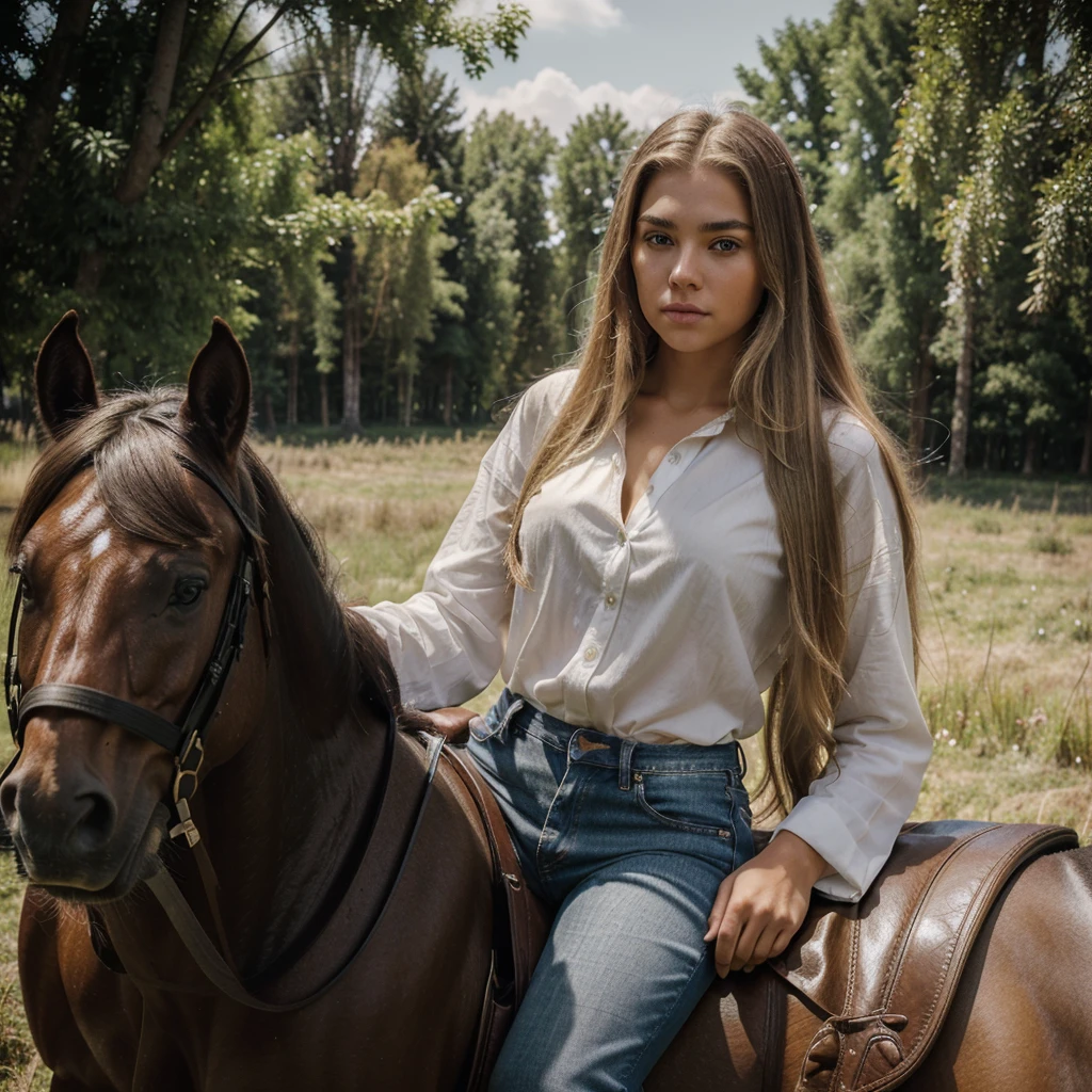 amateur photo on a film camera of a beautiful 20-year-old woman, blonde with long straight hair, expressive brown eyes, thick black strict eyebrows, wrinkled skin on her face, real image, skin details, realism, photorealism, dark scene, full-length pose, riding a black horse, dressed in a white shirt and jeans, grass and trees