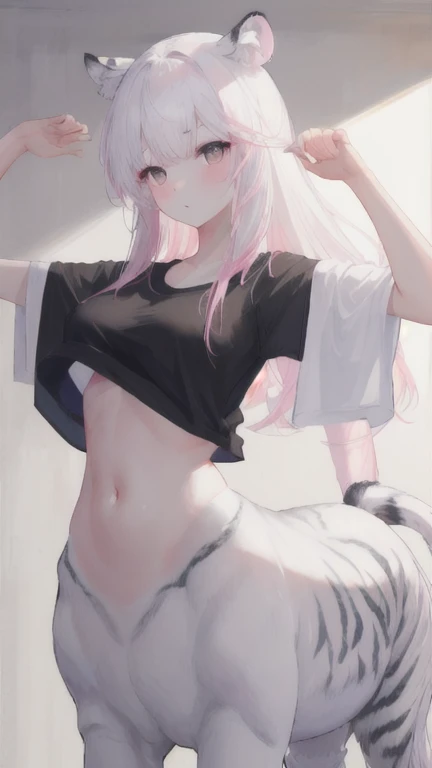 (best quality, masterpiece), 1 girl, centaur, It takes, White skin, Korean ,daughter,black pink, exposing the abdomen, belly button t-shirt , 아름다운 소녀 Perfect wild white tiger photo, Perfect wild white tiger photo