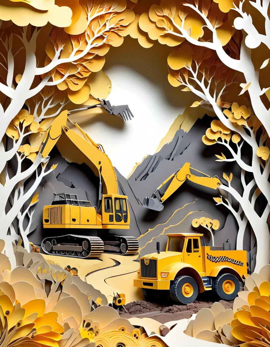 paper cuttings art, the situation of mining site, gold mine, soil, an excavator, a giant yellow truck, mining holes, the miners wearing helmet and safety jacket, dried trees and woods as a borders, (Flat paper cutout,paper art,layered paper art, higher quilling, digital art), Against a pure white background, vector illustration, papercut style, layers, high quality image, background, nature