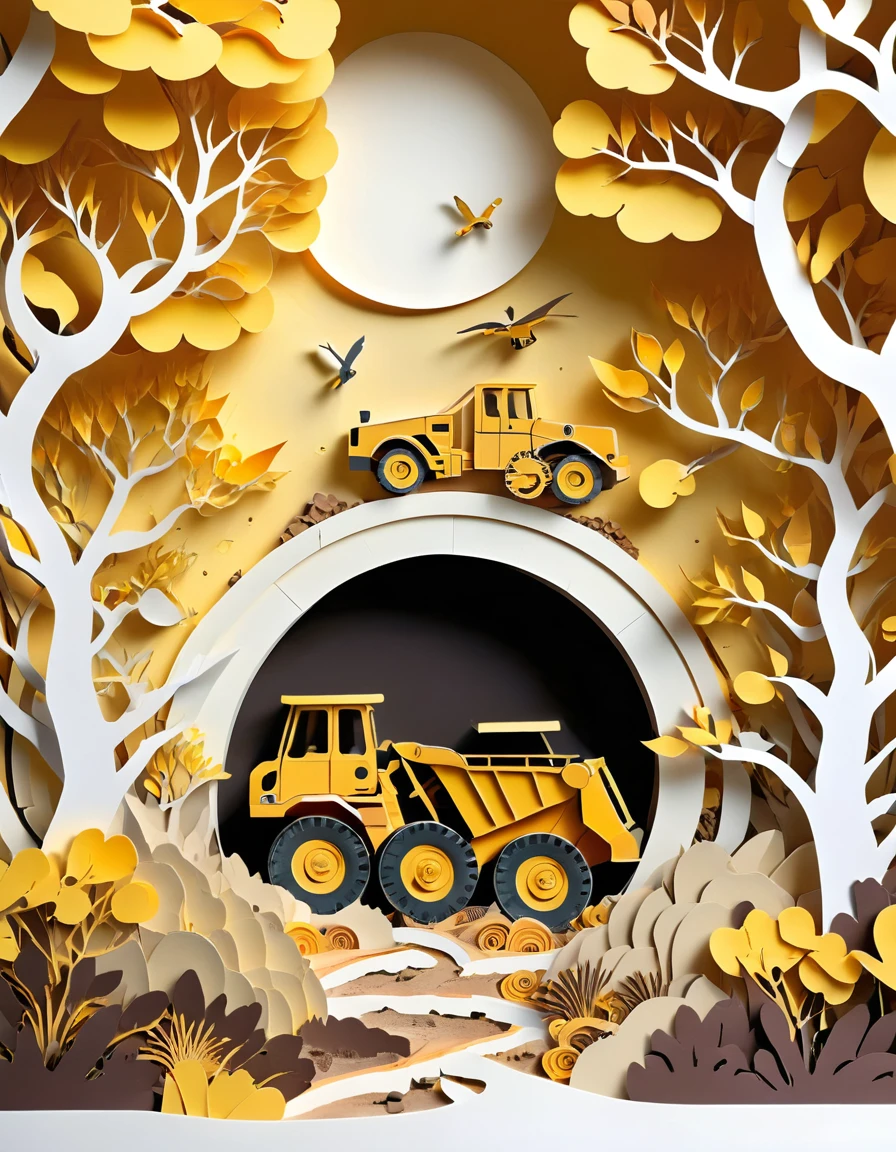 paper cuttings art, the situation of mining site, gold mine, soil, an excavator, a giant yellow truck, mining holes, the miners wearing helmet and safety jacket, dried trees and woods as a borders, (Flat paper cutout,paper art,layered paper art, higher quilling, digital art), Against a pure white background, vector illustration, papercut style, layers, high quality image, background, nature