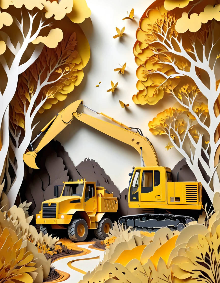 paper cuttings art, the situation of mining site, gold mine, soil, an excavator, a giant yellow truck, mining holes, the miners wearing helmet and safety jacket, dried trees and woods as a borders, (Flat paper cutout，paper art，layered paper art, higher quilling, digital art), Against a pure white background, vector illustration, papercut style, layers, high quality image, background, nature