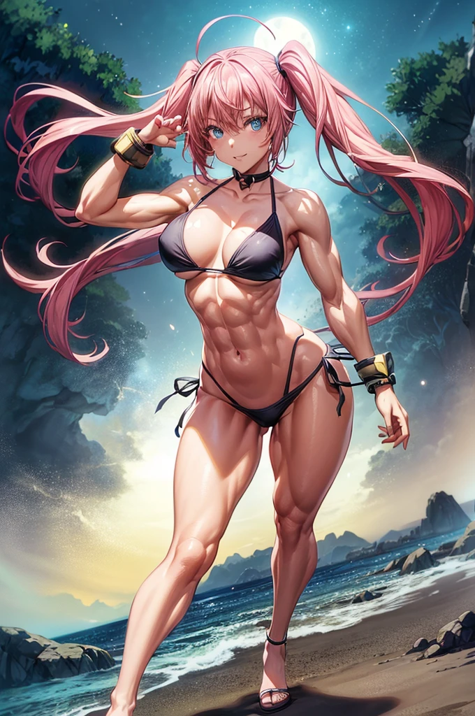 1 girl, (medium boobs))) (((big ass))), (smile), (((wearing short bikini))), (long pink hair), (((blue eyes) ))), (in beach at night with starry sky and moon full of blood), (slender), (thin waist), (butt only), legs (slim and muscular), muscular belly, barefoot, (evil look), (( (body photo whole))), (standing), showing ass to the audience, twintails, glowing eyes, eye reflection, Bad mood, anime, Anime Style, ray tracing, glow, drop shadow, panorama, Sony FE, 8k, High definition, artwork, Accurate, Anatomically Correct, super detail, Best quality, high resolution, high definition, 16k