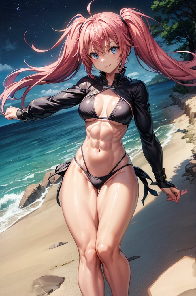 ((female)), (very messy hair), (happy smile), fangs, ((ripped abs)), toned arms and legs, small boobs, excessive sweating, (summer beach scenery), playing with beach ball, blue eyes, yacht in background,