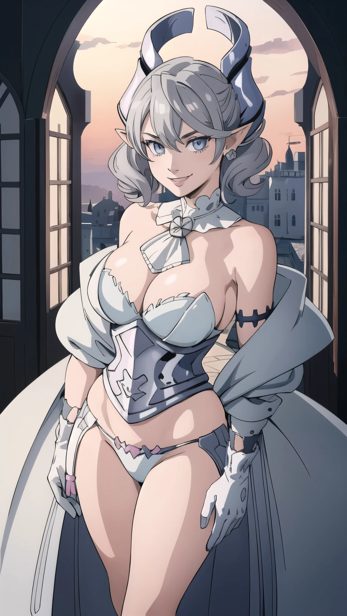 Beautiful arts wallpaper Sunset Outside castle top High level image quality best image quality 8K adult woman silver castle outside more colors whole body view portrait bikini blue horn ears short hair((shortcut)(gray hair)(perm)(fluffy)) eye color is blue , , attractive evil face , smile , heroic stance , labrynth , barearm ,gloves , wearing pink , standing ,