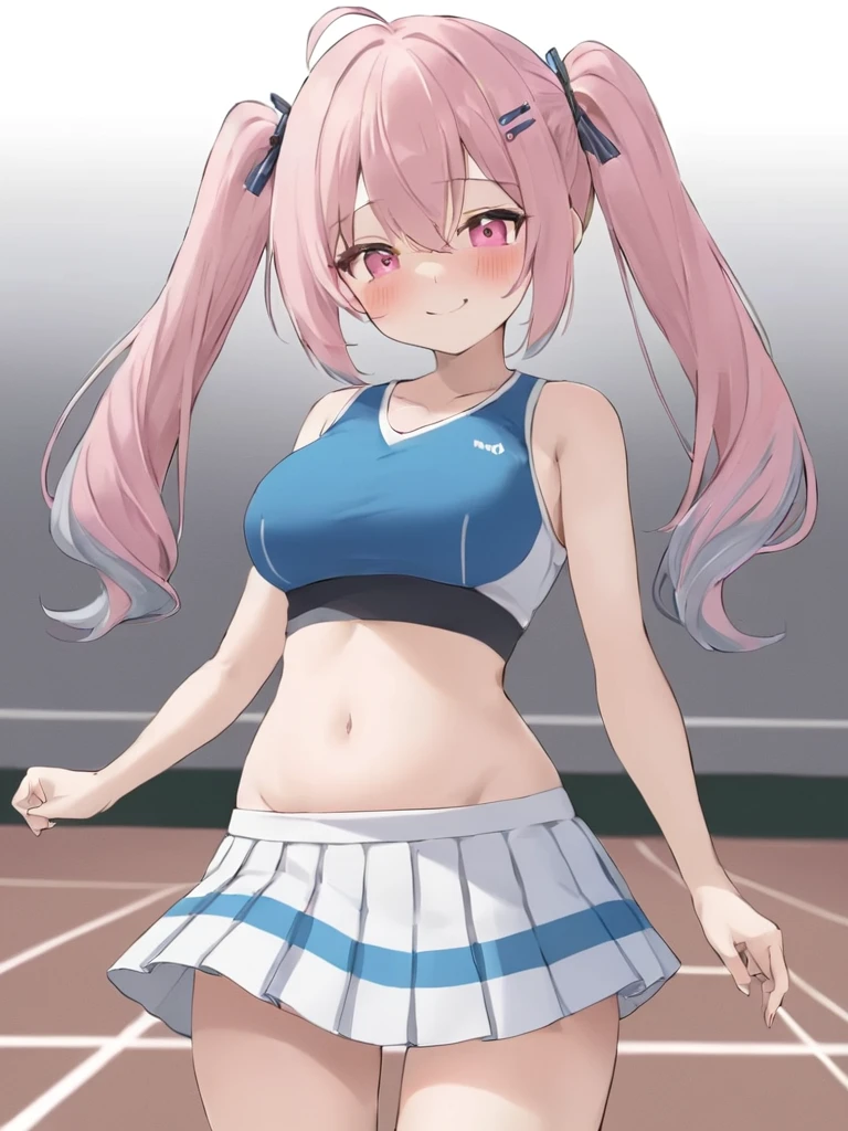 Bremerton,One girl,一人in,length_hair,chest,Looking_in_Audience,blush,smile,前hair,skirt,big_chest,Simple_background,shirt,hair_ornament,white_background,belly button,chestの谷between,hair_between_eye,just_shoulder,Twin tails,clavicle,pink_hair,gray_hair,Side Lock,Thighs,Multicolor_hair,shoes,No sleeve,shoes下,hairclip,abdomen,Spread the word_foot,pink_eye,Stomach,2 Tone_hair,formal_alternine_Costumes,Striped_hair,crop_superior,No sleeve_shirt,Underbust,squinting,white_skirt,Vatu_hair_ornament,Sportswear,crop_superior_notice,2 Tone_shirt,2 Tone_skirt,tennis_uniform,Bremerton_(Azure_lane),Bremerton_(Scorching hot_training)_(Azure_lane),