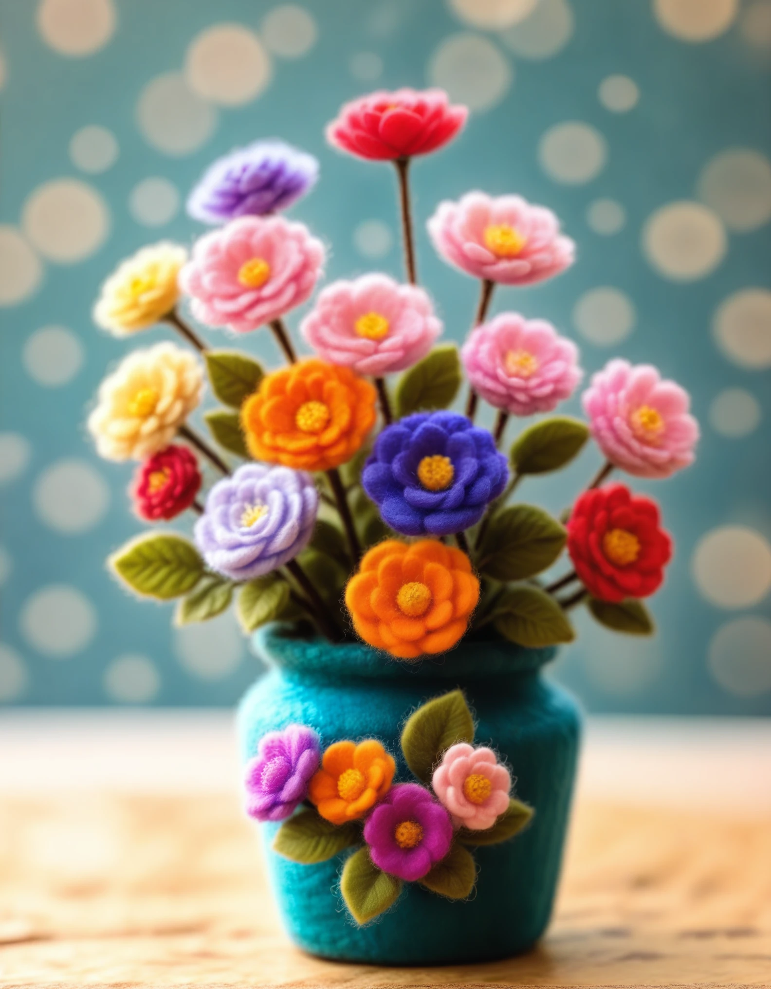 1girl,maozhan, felt style, masterpiece,high quality, the image showcases a vibrant collection of felted flowers,each crafted in various hues of orange,pink,and purple. The flowers are placed in a decorative blue vase,adorned with intricate floral patterns. The backdrop is blurred,emphasizing the flowers and the vase.,