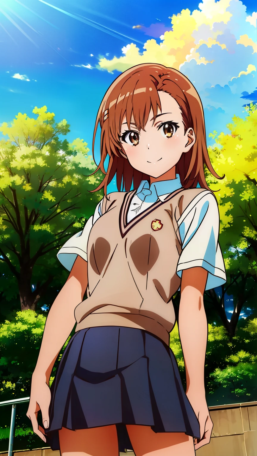 (masterpiece, best quality, 8k:1.2),Very detailed, (anime:1.1), misaka_mikoto, brown hair, medium hair, hairpin, 16 years old, medium breasts, 1girl, (school_uniform, tokiwadai_school_uniform, smile), Cowboy shot, looking at viewer,