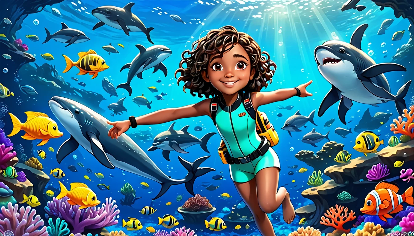 A vibrant underwater scene in 3-D Pixar style featuring Arya, a cute little Black girl with curly hair, wearing a colorful diving suit and goggles. She's surrounded by various ocean creatures including a massive whale, which is about the size of three school buses. The background shows a deep blue ocean with coral reefs, schools of fish, and bubbles. Arya is pointing towards the whale with a big smile, ready to introduce the wonders of the ocean to her little explorers. The scene is cheerful and full of life, capturing the excitement of discovering the ocean's secrets.
