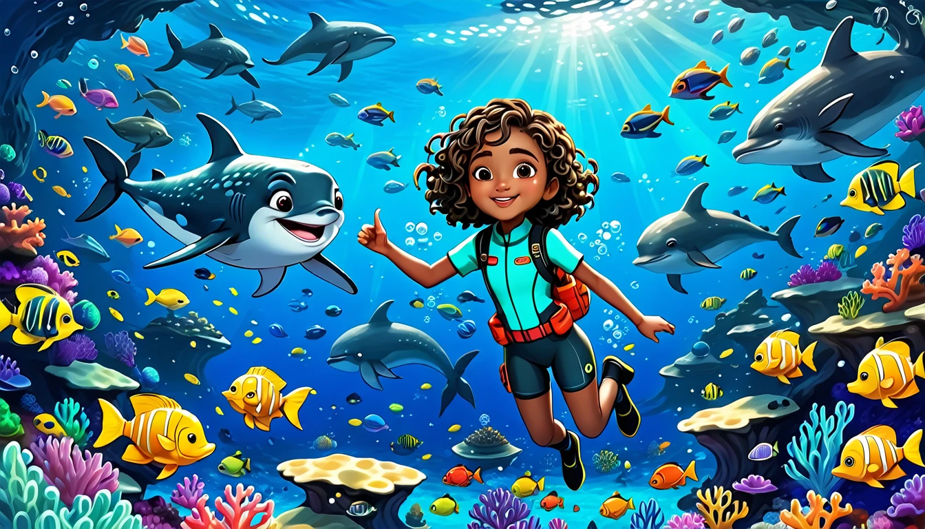 A vibrant underwater scene in 3-D Pixar style featuring Arya, a cute little Black girl with curly hair, wearing a colorful diving suit and goggles. She's surrounded by various ocean creatures including a massive whale, which is about the size of three school buses. The background shows a deep blue ocean with coral reefs, schools of fish, and bubbles. Arya is pointing towards the whale with a big smile, ready to introduce the wonders of the ocean to her little explorers. The scene is cheerful and full of life, capturing the excitement of discovering the ocean's secrets.