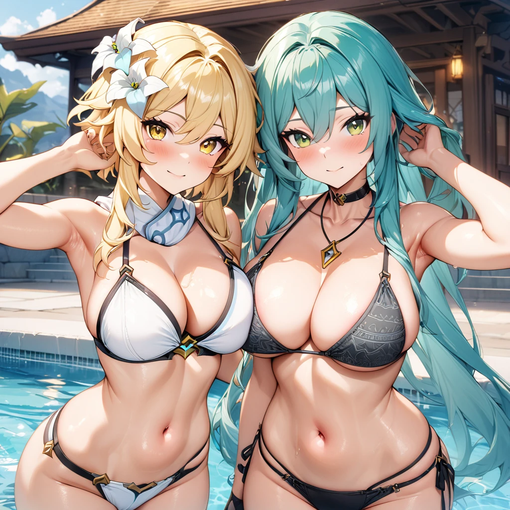 (masterpiece), (highest quality), (illustration), (super detailed), (high resolution), absurdity,2girls,(hatsune miku:1.3,green eyes),(lumine,genshin impact:1.4,gold eyes),poolside,looking at viewer,patterned string bikini,navel,happy,blush,curvy,big breasts,triangle pendant,hand over head,hair down,sexy pose,standing
