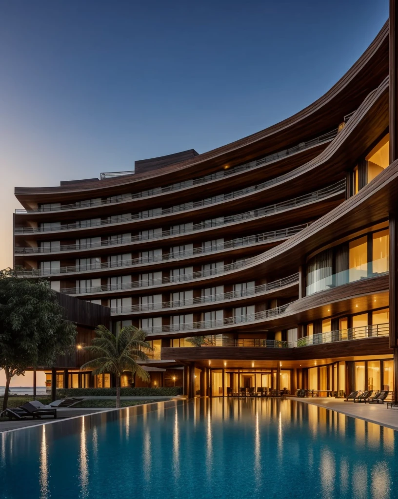 Zaha Hadid style hotel tower with wood and metal texture, hotel with infinity pool, rural landscape at dusk in high quality, 8k UHD