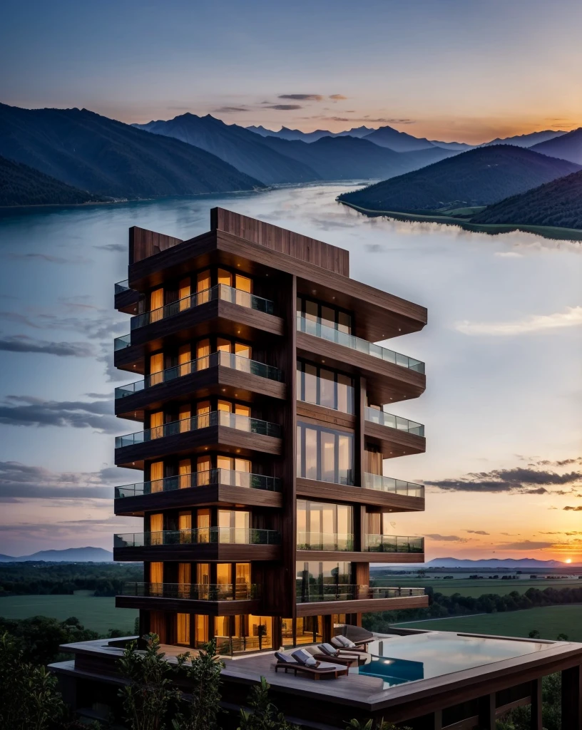 Zaha Hadid style hotel tower with wood and metal texture, hotel with infinity pool, rural landscape at dusk in high quality, 8k UHD