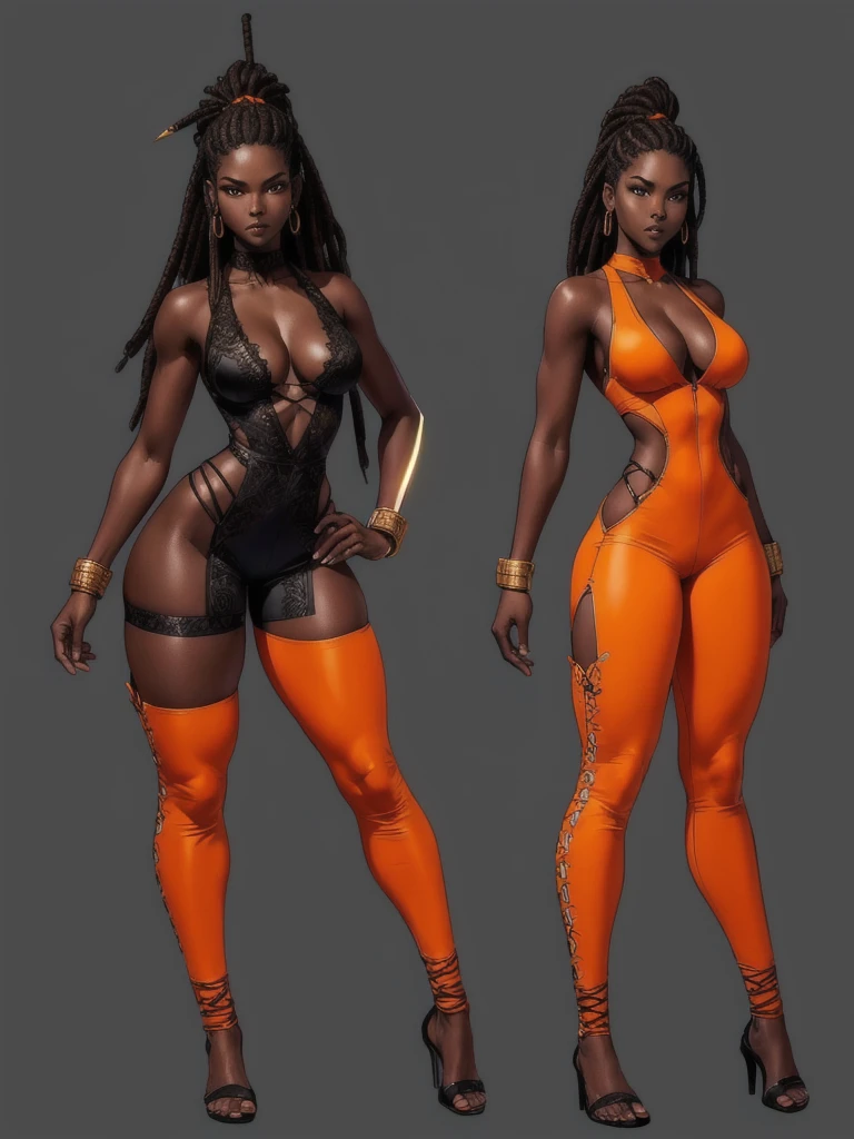 ((best quality)), ((4k)), ((highres)), ((masterpiece:1.2)). ((detailed)), ((ultra realistic)), ((intricate details)), ((full body picture)), ((solo character)), a full body picture of a beautifull Ebony skinned female, black woman, dark skin, ebony princess, ebony model, perfect face, detailed eyes, detailed lips, about 25 years old, about 5'7 ft. tall, long thin dreadlocks down to her hips, ((emphasis on her long thin dreadlocks down to her hips)), pretty, feminine woman, toned body but not too muscular looking, hourglass figure, dressed in a skin-tight sleeveless full body orange jumpsuit, ((emphasis on the skin-tight sleeveless full body orange jumpsuit)), gold adornments, showing cleavage, glamorous, strappy lace up high, fighting game character concept art, tekken character design, the king of fighters character concept, full bofy, full body concept art, full body art
