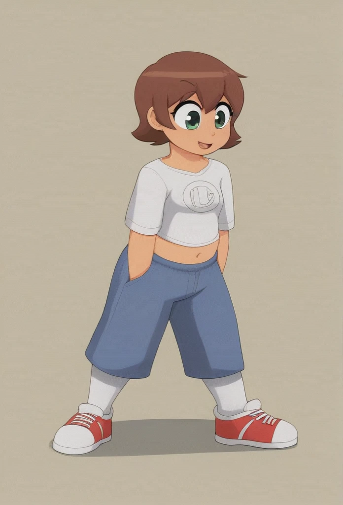 ((score_9_up,score_8_up,cute,source_furry,solo,Bunny, tan fur, tan body, white shirt, saggy pants, female, brown hair, short hair, long braids, green eyes, big eyes, smile, arms behind back, cute, round face, round eyes,front view, red sneakers, long bunny ears, minimalistic artstyle,