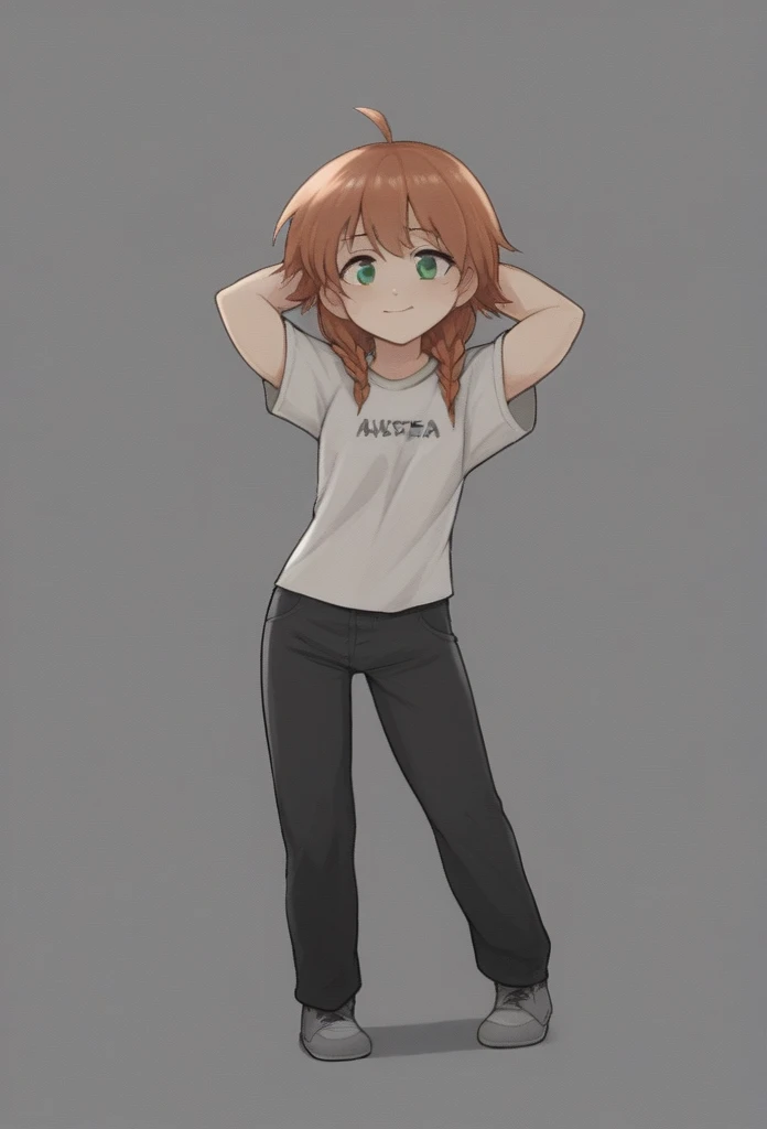 ((score_9_up,score_8_up,cute,source_furry,solo,Bunny, tan fur, tan body, white shirt, saggy pants, female, brown hair, short hair, long braids, green eyes, big eyes, smile, arms behind back, cute, round face, round eyes,front view, red sneakers, long bunny ears, minimalistic artstyle,