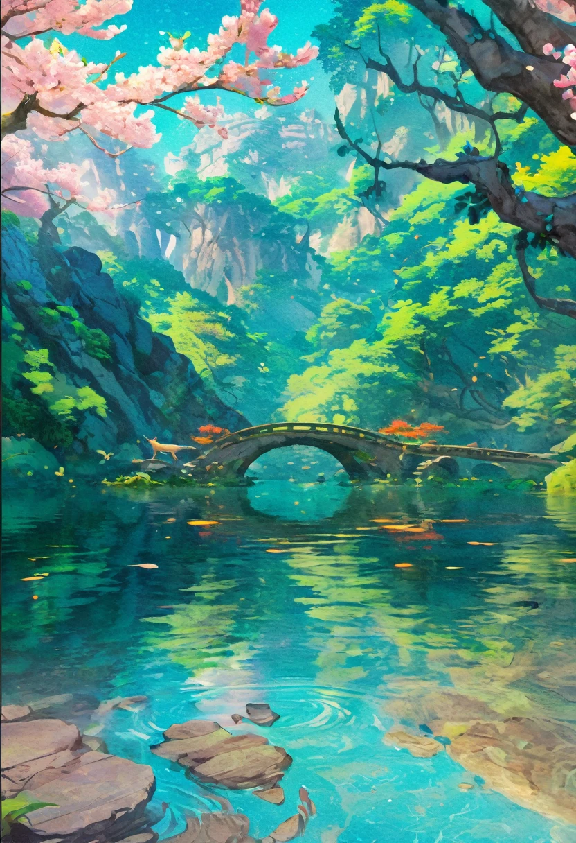 Chinese ancient times, spring, jungle, lake, cave, waterfall, tree, meadow, rock, deer, hot spring, water vapor, (illustration: 1.0), epic composition, realistic lighting, HD details, masterpiece, best quality, (very detailed CG unified 8k wallpaper)