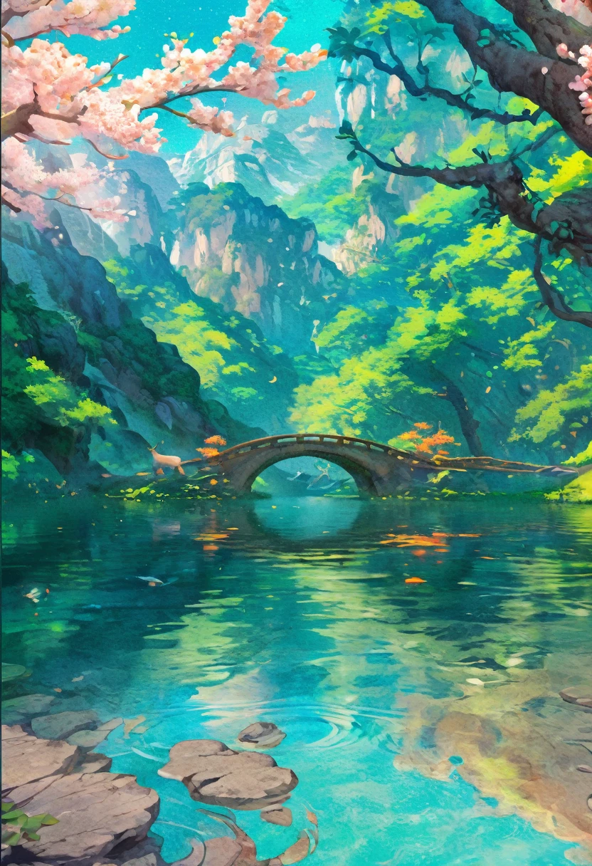 Chinese ancient times, spring, jungle, lake, cave, waterfall, tree, meadow, rock, deer, hot spring, water vapor, (illustration: 1.0), epic composition, realistic lighting, HD details, masterpiece, best quality, (very detailed CG unified 8k wallpaper)