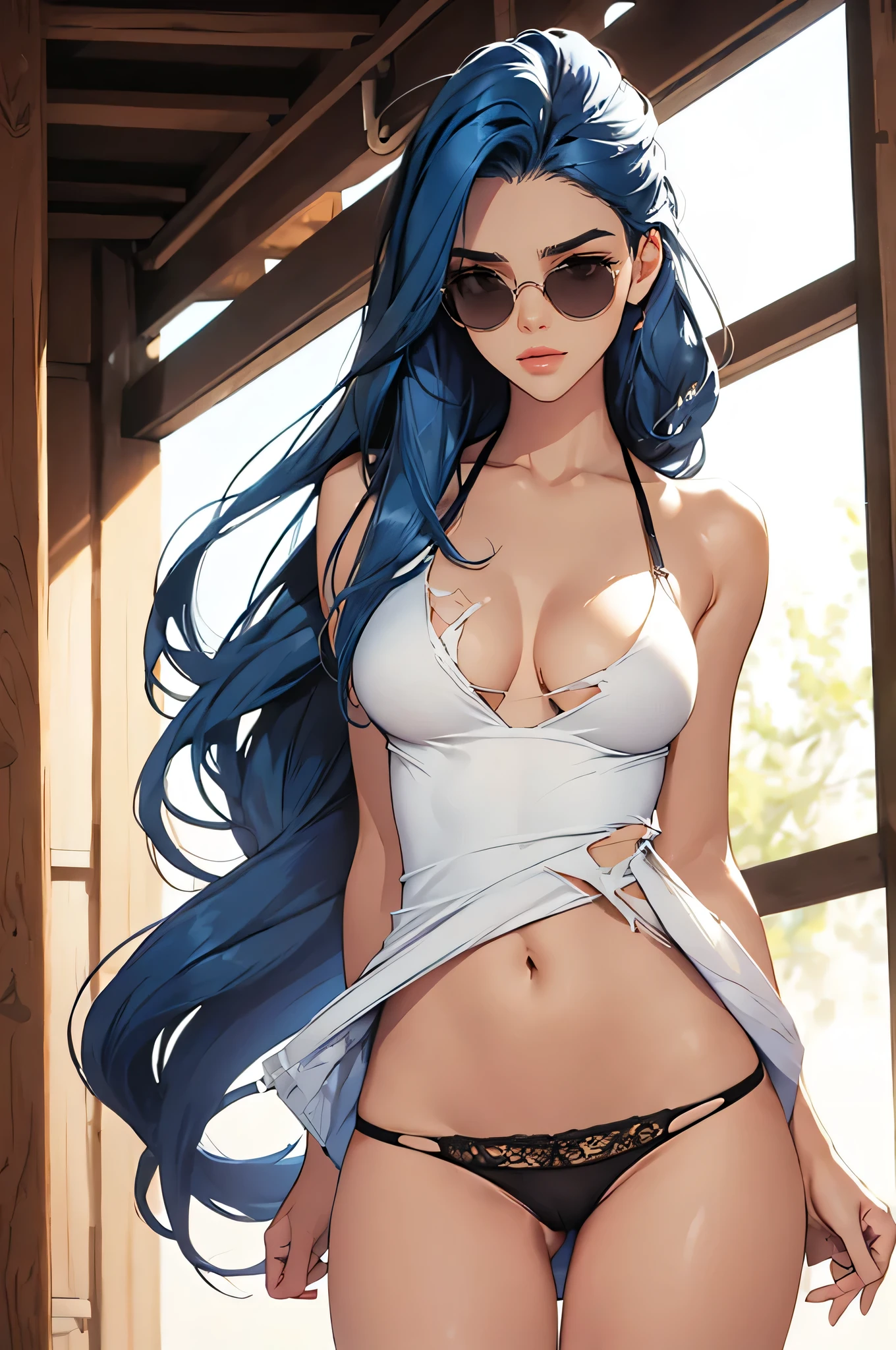 (best quality: 1.2), clean face, (masterpiece: 1.2, 8k) perfect anatomy, 1girl,a beautiful fashion model ,(masterpiece, official art, best quality ,long and shiny hair, blue hair with streaks in hair, long hair, full lips, slender body, slim body big breasts, looking at viewer, revealing outfit, absurdity, intricate details, dynamic pose, club, , wearing short skirtand a tight white top, cleavage, torn clothes, thong straps, sunglasses, celebrity 