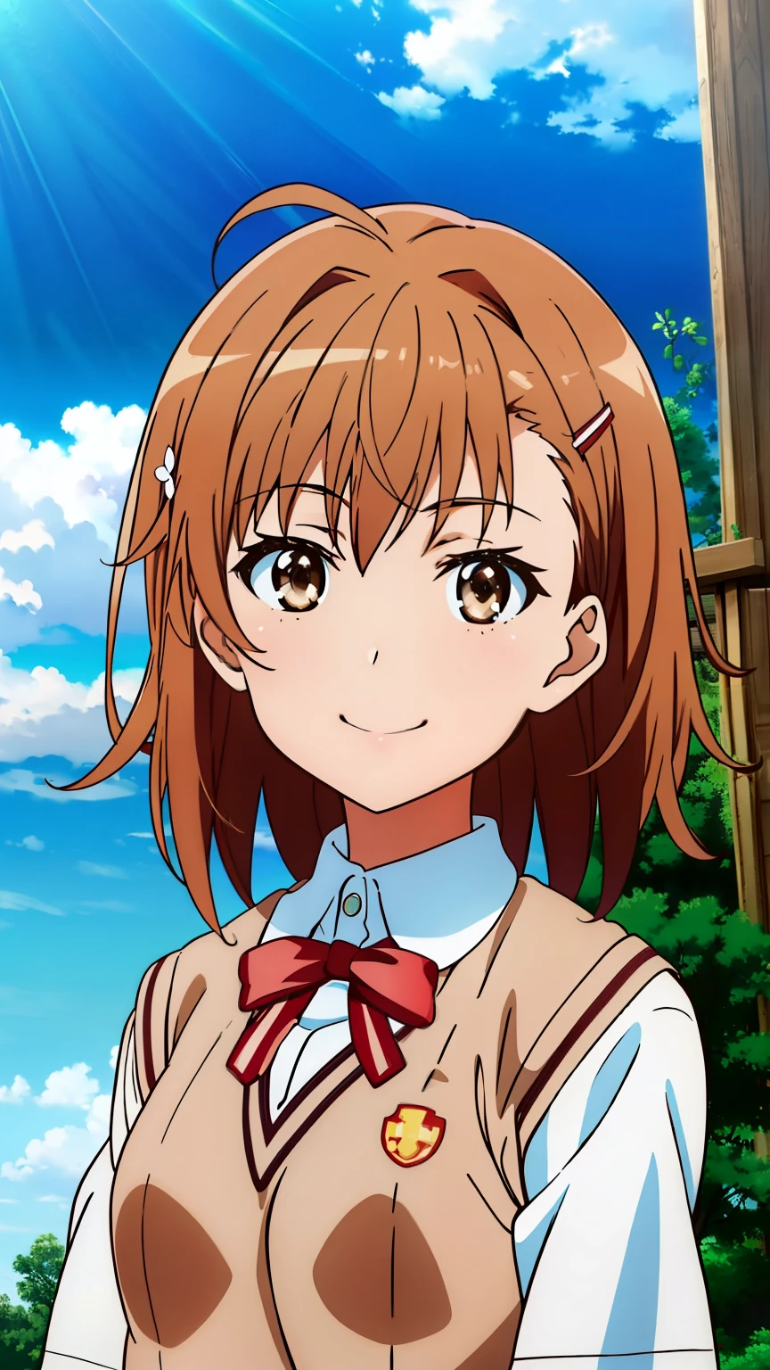 (masterpiece, best quality, 8k:1.2),Very detailed, (anime:1.1), misaka_mikoto, brown hair, medium hair, hairpin, 16 years old, medium breasts, 1girl, (school_uniform, tokiwadai_school_uniform, smile), Dutch Angle, looking at viewer,