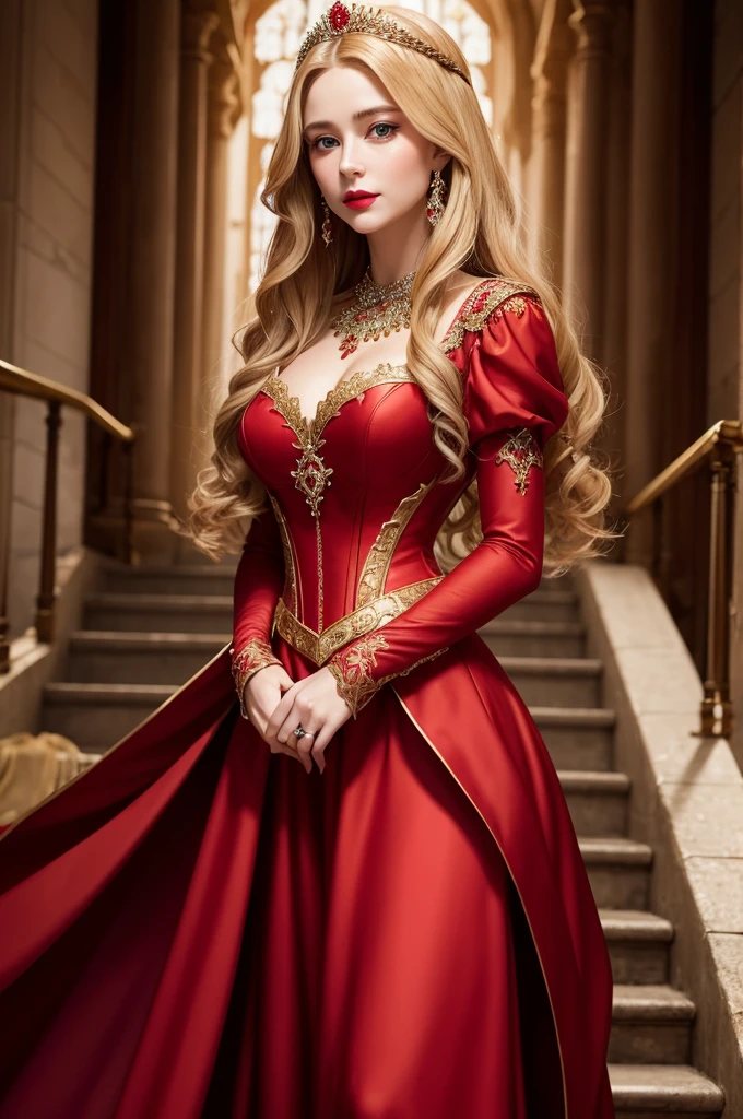illustration. Blood red dress well adorned with gold details, long sleeves that extend from the elbow with transparent fabric, a V-shaped neckline that highlights the breasts. Made like it was for a real princess. in the corset of the dress, which highlights the waist a lot, Precious stones shine. The dress is long and the skirt of the dress is full. The dress looks old and so does the jewelry.. The image must be made in the Renaissance painting style.
The person wearing it is a beautiful woman, full golden blonde long wavy hair, her eyes are green, Caucasian skin, striking eyes and mouth with red lipstick. She is descending a medieval style staircase.