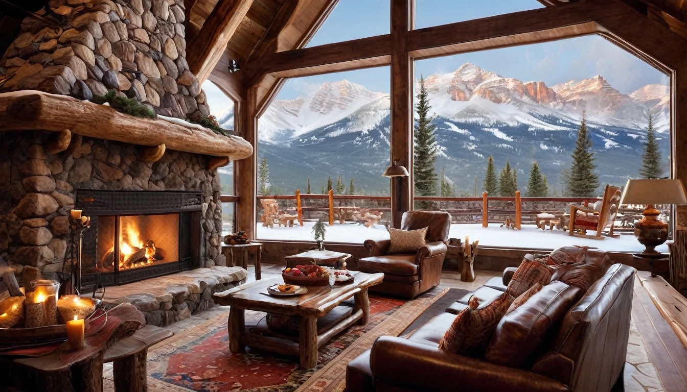 a grand window overlooking a snow landscape, A quaint ski lodge nestled in the Rockies. A grand window overlooking a snow landscape. The fire crackles in the hearth, casting a warm glow over rustic wooden beams and comfy armchairs with a grand window that overlooked the snowy landscape. a rug near the fireplace, a diner table next to the hearth room