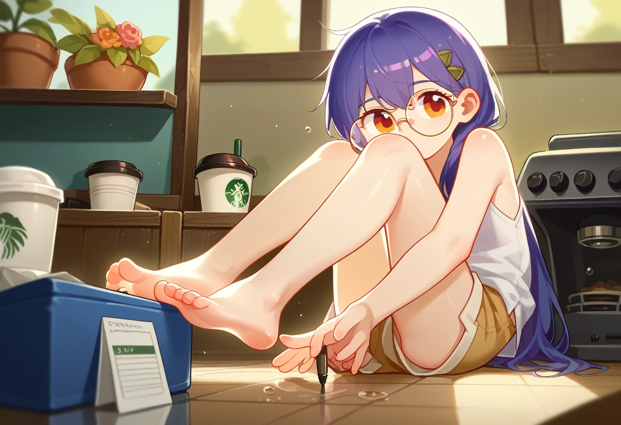 Kizi, in floor, no censure, small, fly away, , showing the feet to the viewer, gazing at viewer, naked, gozo, latte na boca, latte nas solas, latte, her hair is red, wearing a shirt and shorts, Caucasian skin, Wears round glasses, gazing at viewer, soles for the spectator, soles towards the spectator, , fly away, water drops, litter