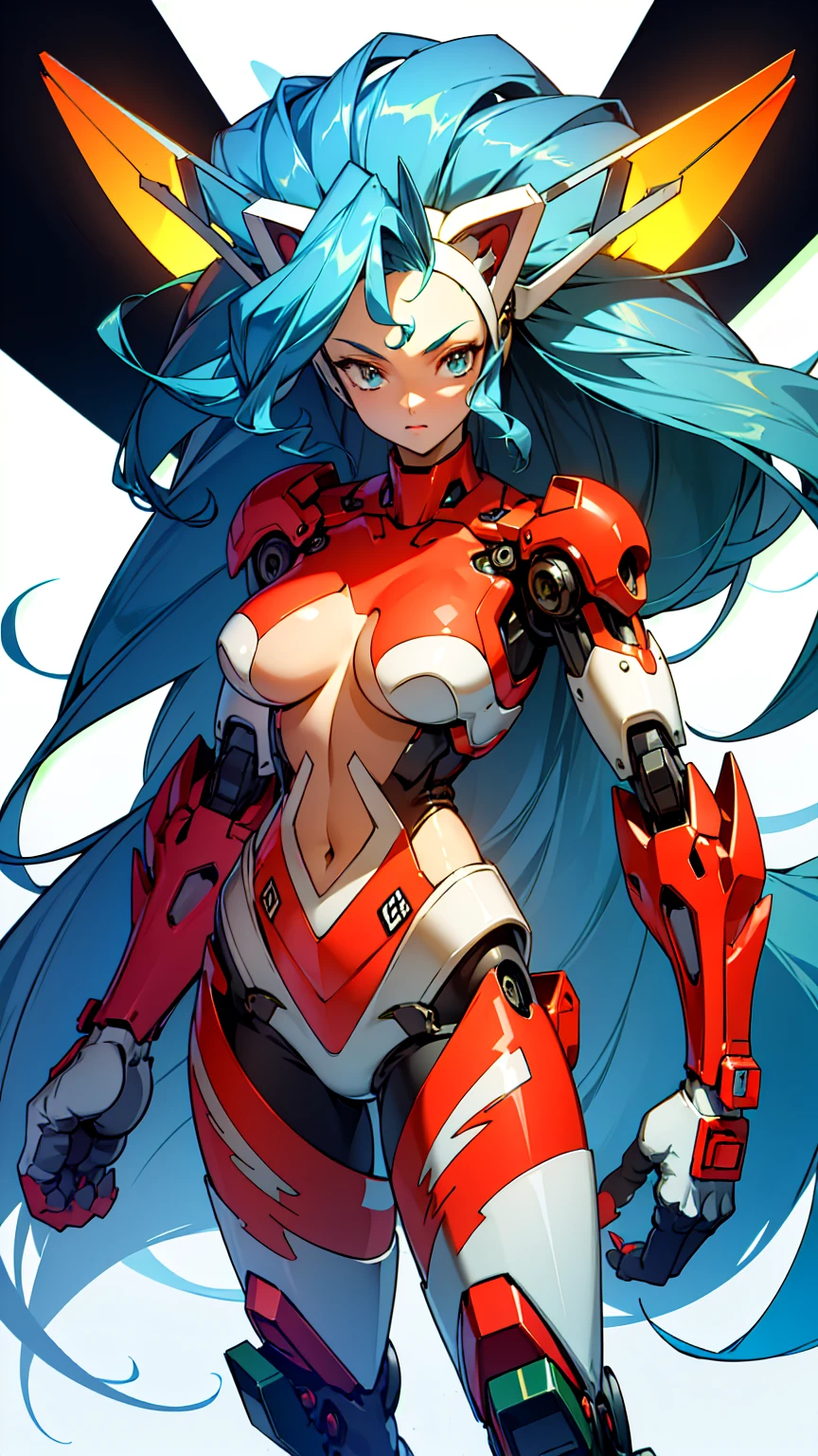 ((Masterpiece, Best Quality)), illustration, ultra-detailed 8K, realistic, clear focus, highly detailed, professional lighting, colorful details, rainbow colors BREAK factory super long shot, (1 large mechanical robot), microchip, computer, luminescence, intricate details, shitu-mecha, 1girl downscale standing in front of the viewer, navel