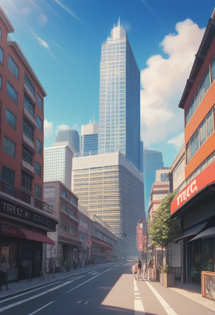 Create a realistic 3D trick art image of a building in a cityscape that appears to extend infinitely into the sky, using forced perspective. The building should be highly detailed, with intricate architectural features and surrounded by other urban structures. The scene should be vibrant and colorful, with a clear blue sky and a few clouds. The overall atmosphere should be lively and bustling, capturing the essence of a busy city street.