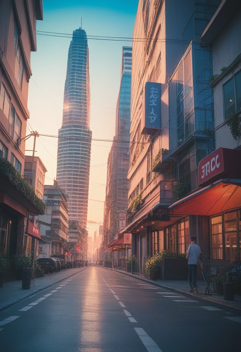 Create a realistic 3D trick art image of a building in a cityscape that appears to extend infinitely into the sky, using forced perspective. The building should be highly detailed, with intricate architectural features and surrounded by other urban structures. The scene should be vibrant and colorful, with a clear blue sky and a few clouds. The overall atmosphere should be lively and bustling, capturing the essence of a busy city street.